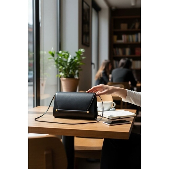 Ande Vintage Black Leatherette Shoulder Bag Clutch Gold Bar Handle Purse - Picture 1 of 6